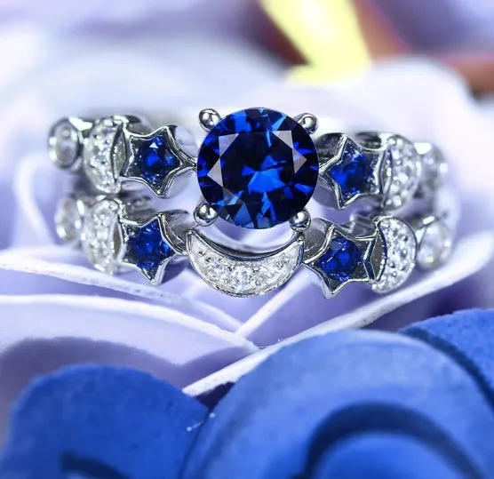 New creative moon ring for women with blue gem inlay diamond treatment silver tone