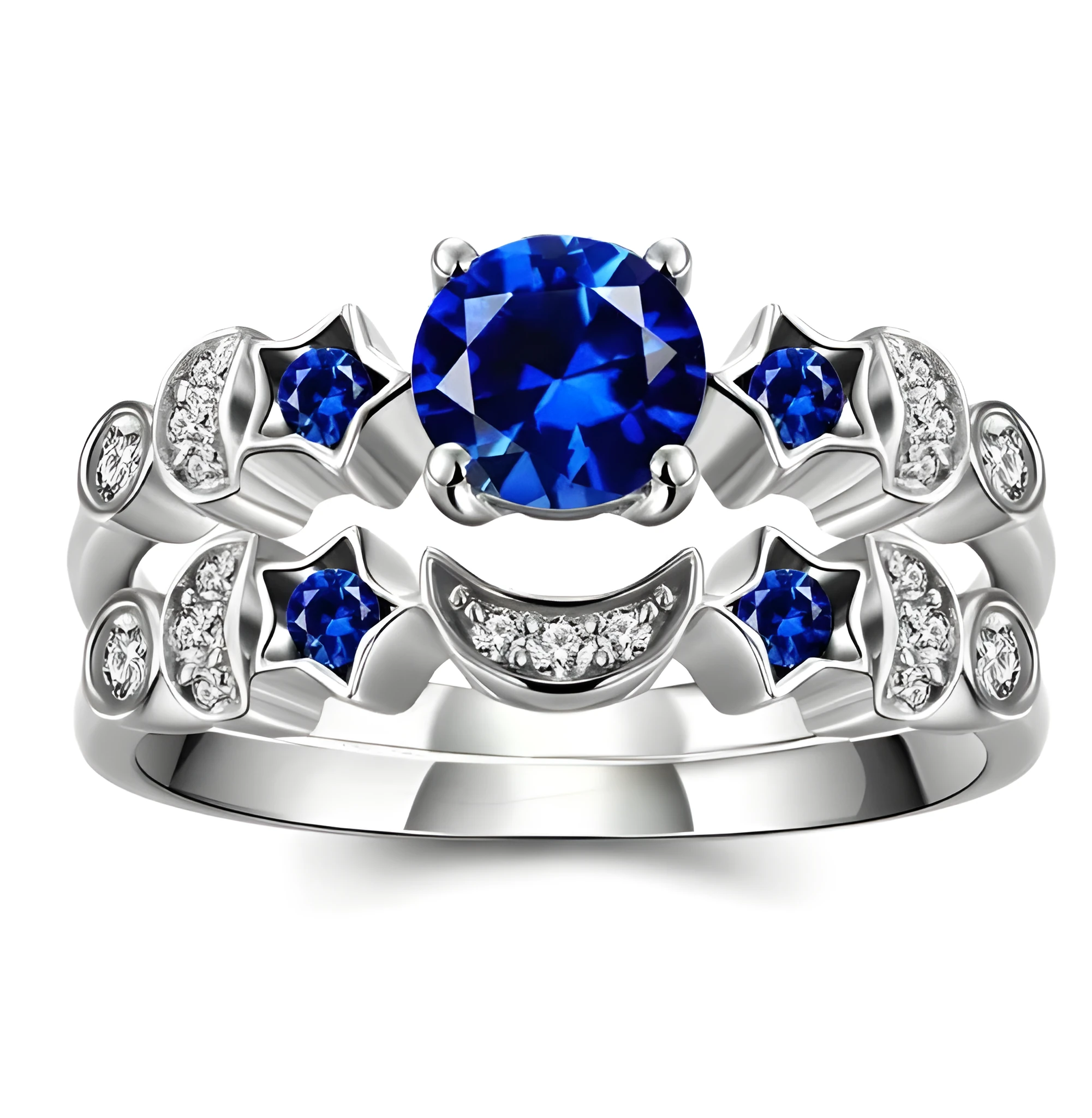 New creative moon ring for women with blue gem inlay diamond treatment silver tone