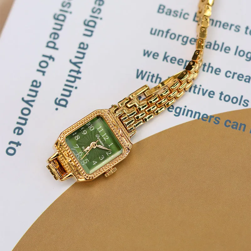Women's square copper strips mid-ancient watch with green dial and gold strap
