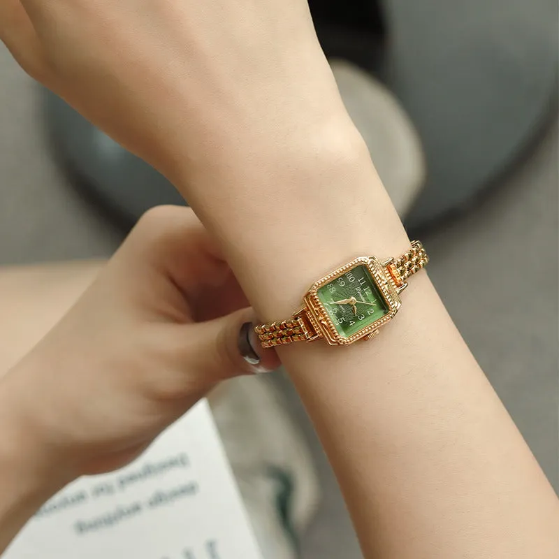 Women's square copper strips mid-ancient watch with green dial and gold strap