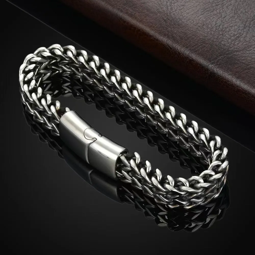 Silver titanium steel geometric hip hop bracelet showing front and back simple design