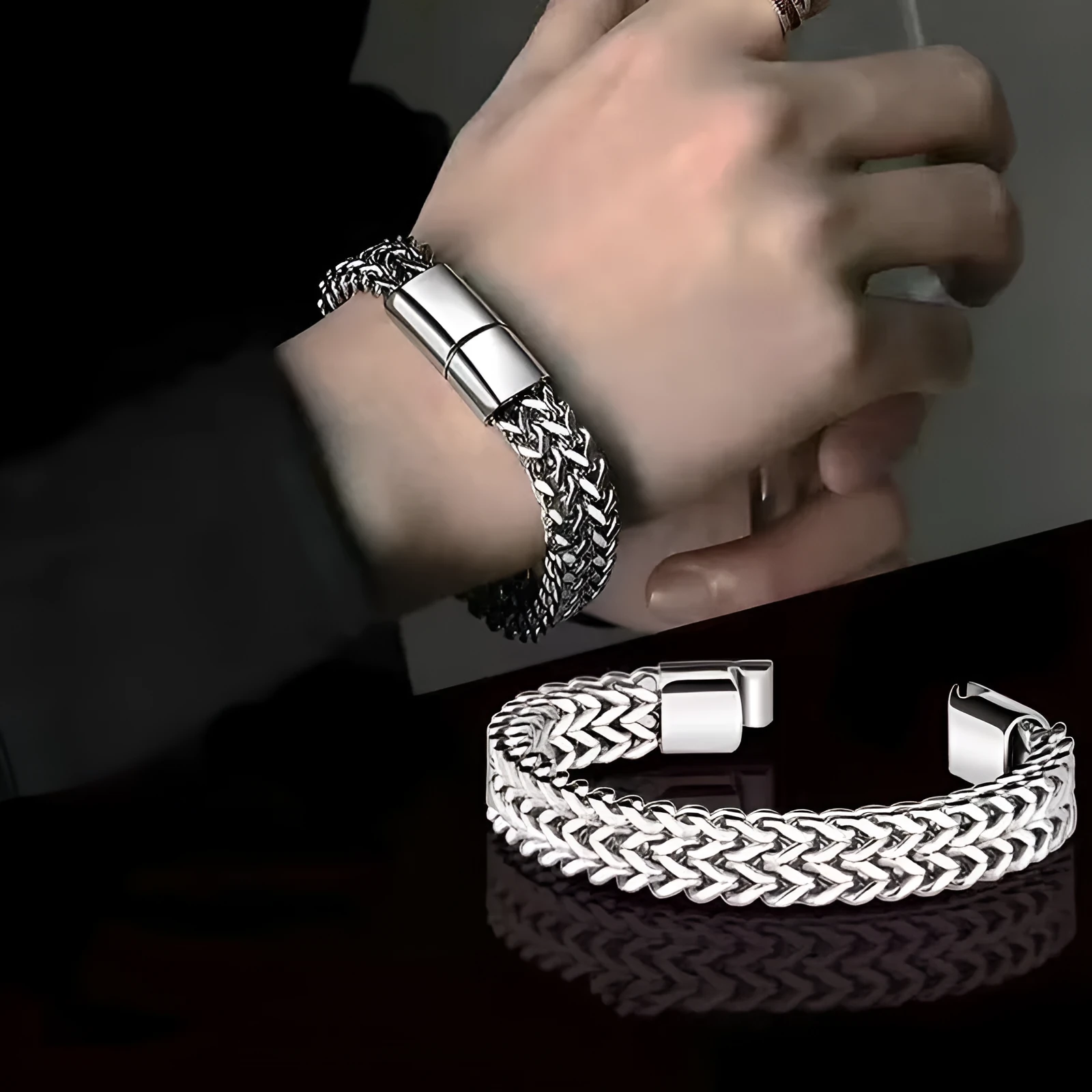 Silver titanium steel geometric hip hop bracelet showing front and back simple design