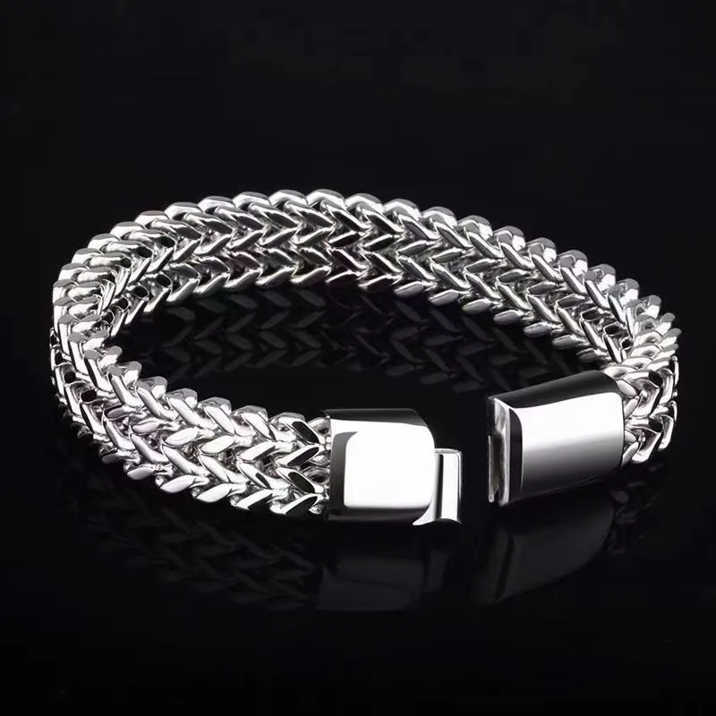 Silver titanium steel geometric hip hop bracelet showing front and back simple design