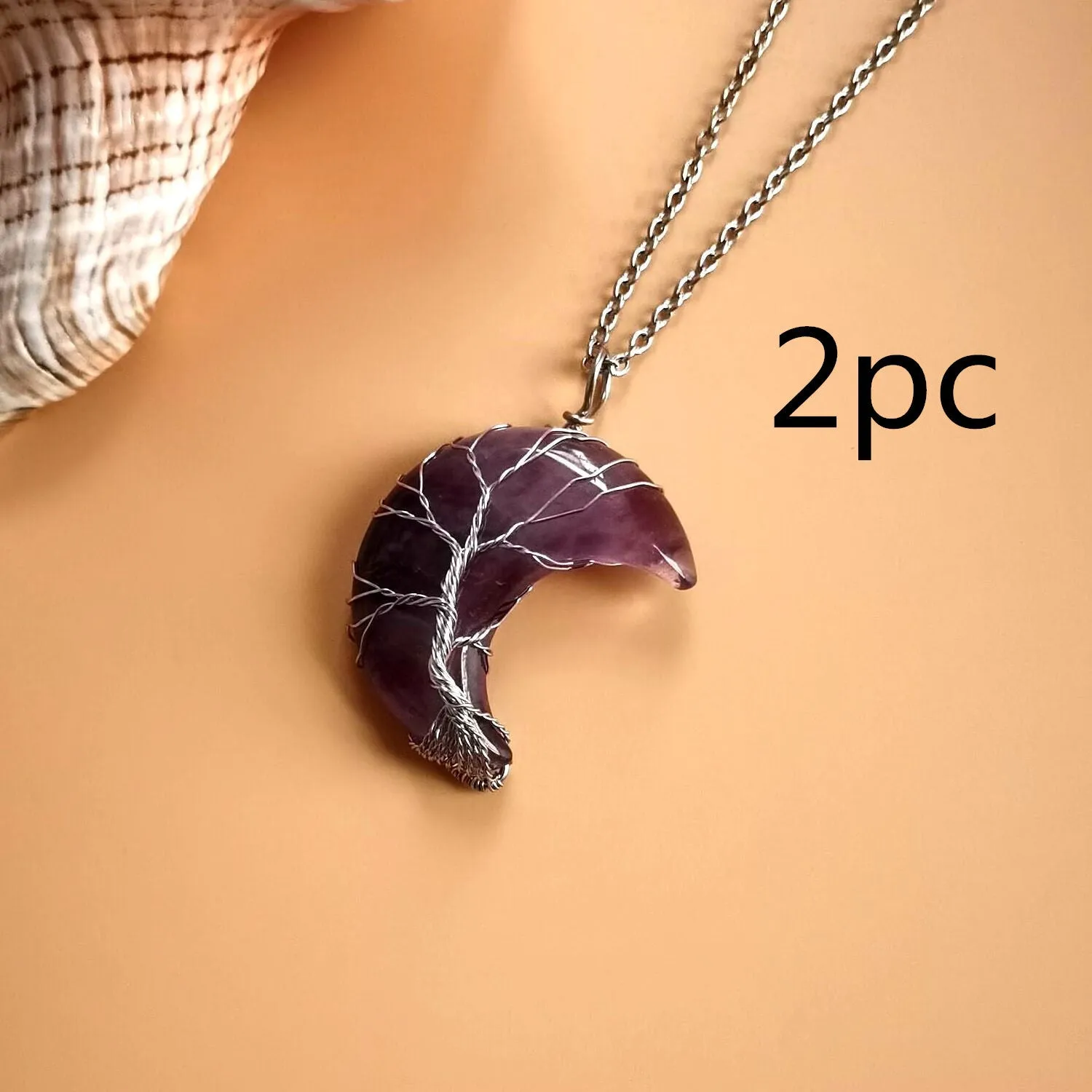 Moon natural stone Tree of Life pendant necklace with amethyst crystal on white K water wave chain