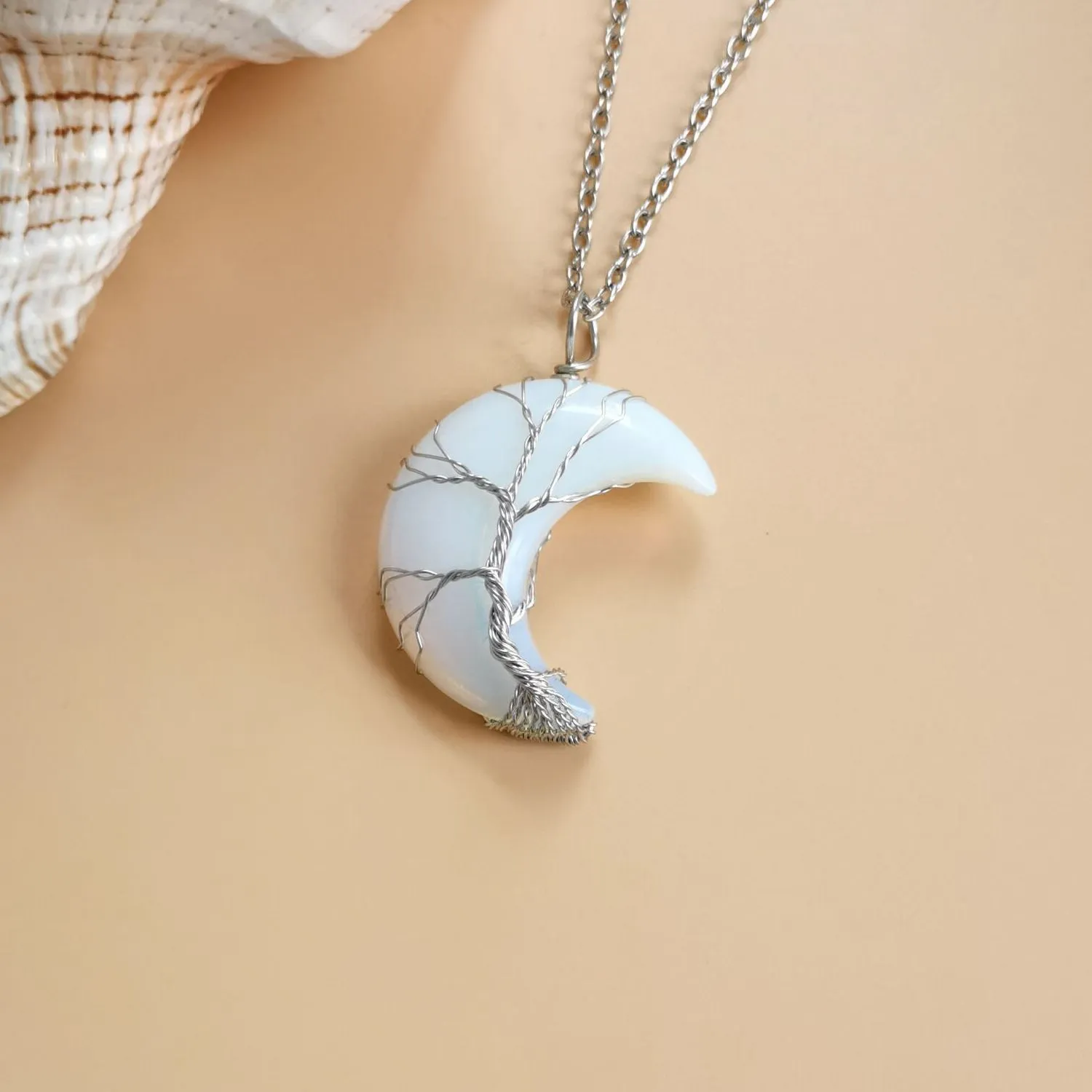 Moon natural stone Tree of Life pendant necklace with amethyst crystal on white K water wave chain