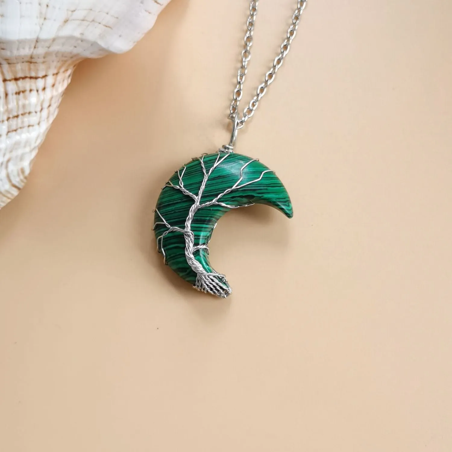 Moon natural stone Tree of Life pendant necklace with amethyst crystal on white K water wave chain