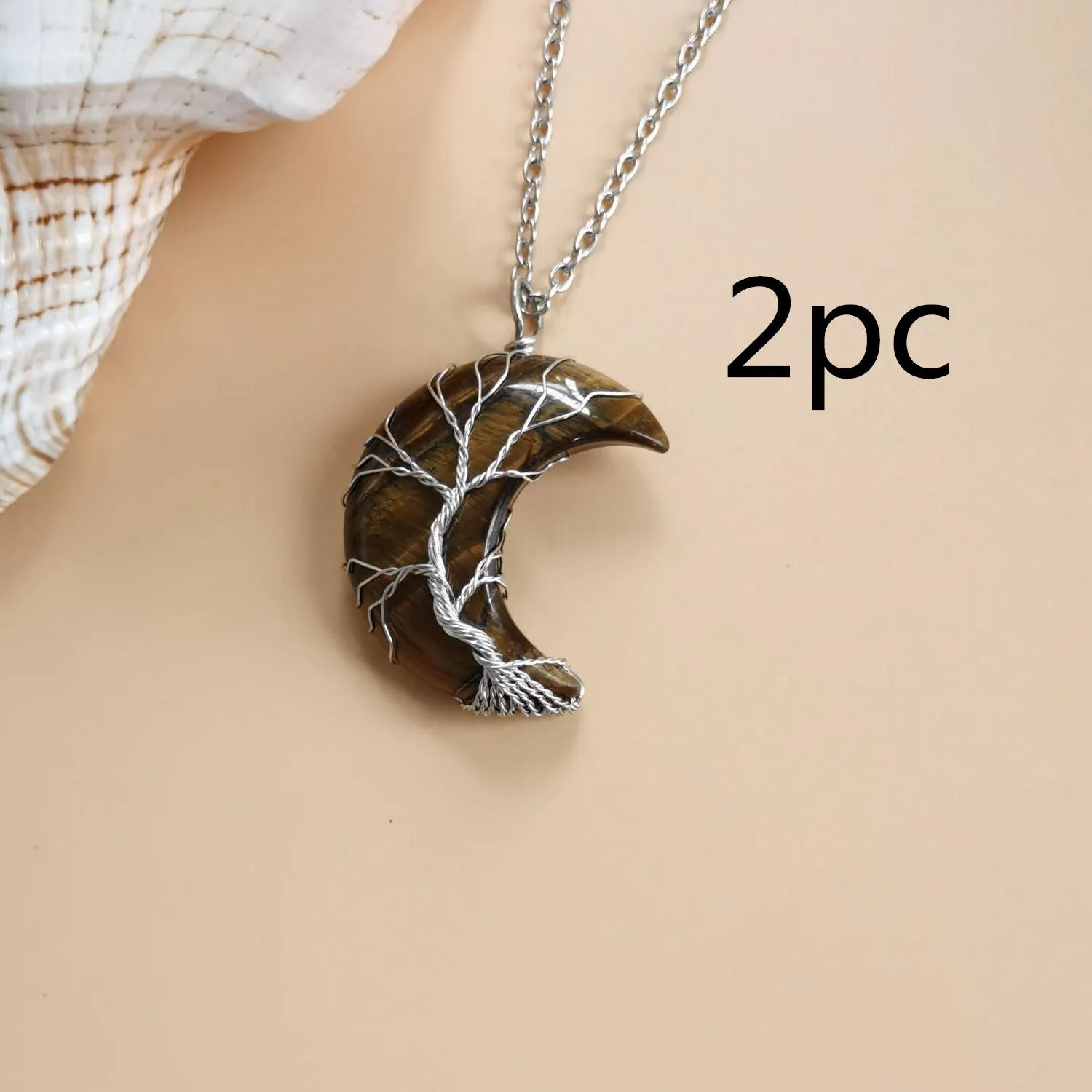 Moon natural stone Tree of Life pendant necklace with amethyst crystal on white K water wave chain