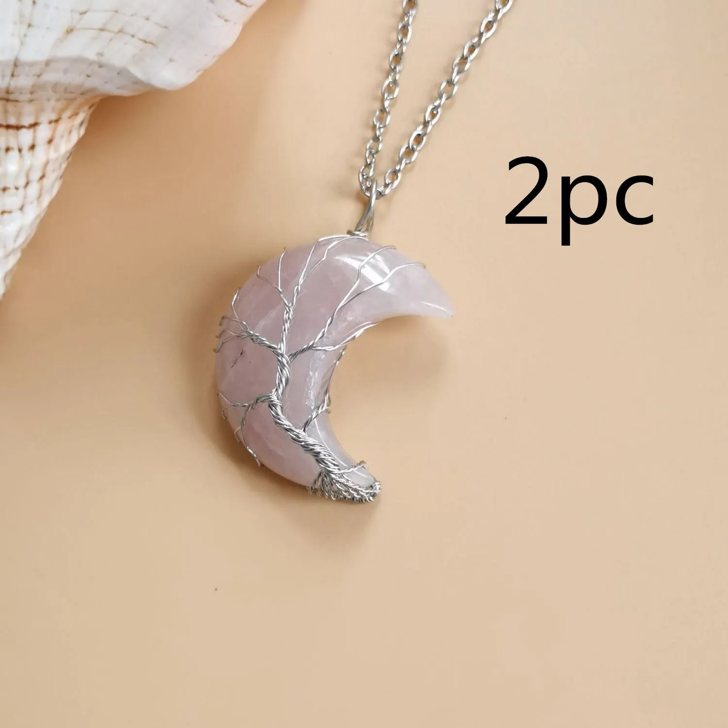 Moon natural stone Tree of Life pendant necklace with amethyst crystal on white K water wave chain