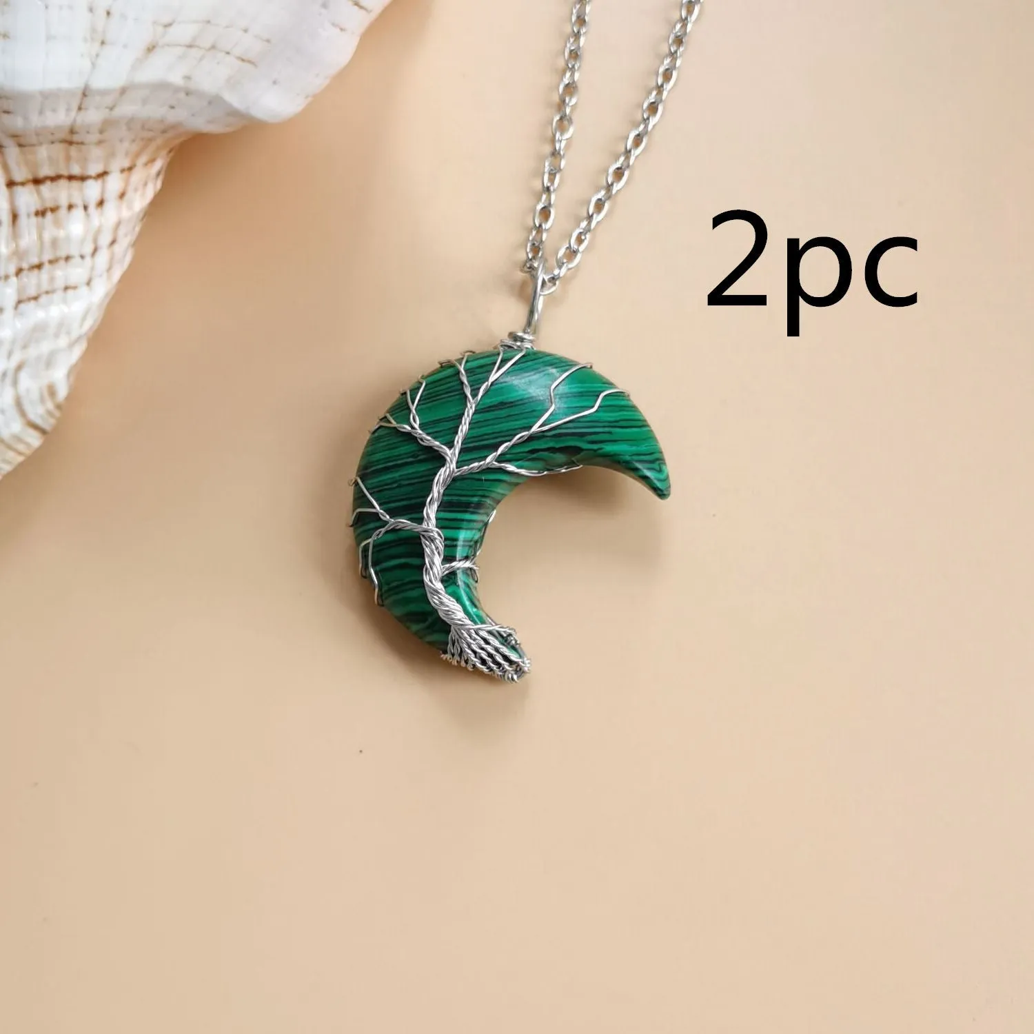 Moon natural stone Tree of Life pendant necklace with amethyst crystal on white K water wave chain