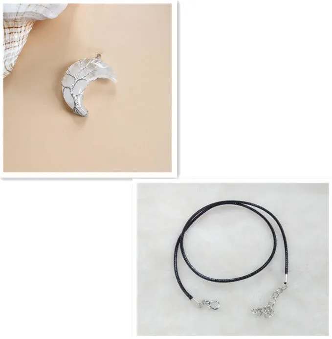 Moon natural stone Tree of Life pendant necklace with amethyst crystal on white K water wave chain