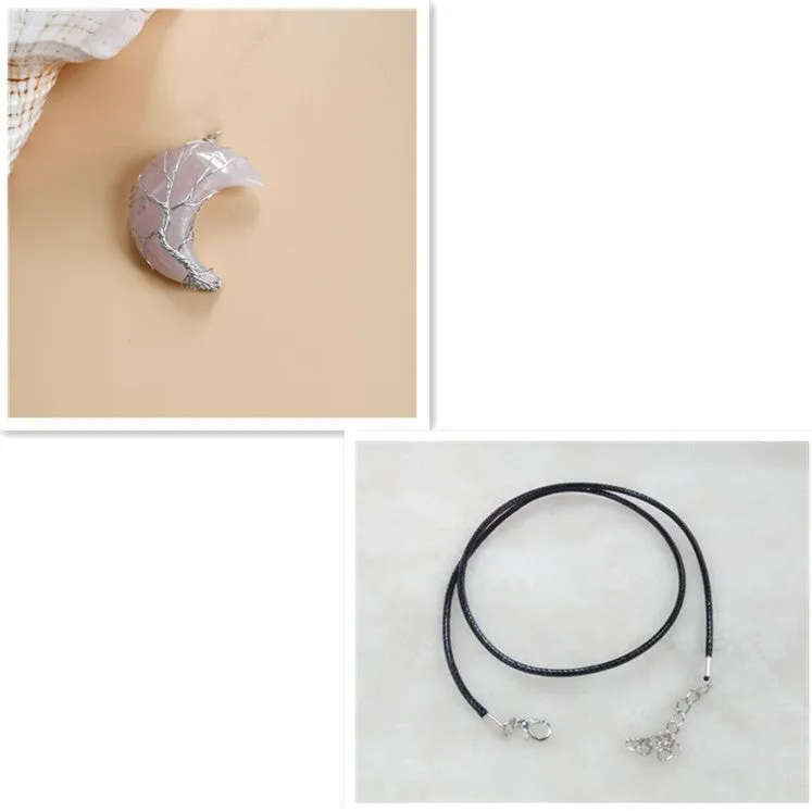 Moon natural stone Tree of Life pendant necklace with amethyst crystal on white K water wave chain
