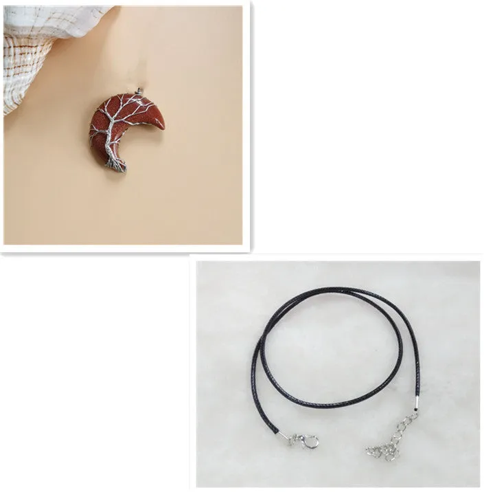Moon natural stone Tree of Life pendant necklace with amethyst crystal on white K water wave chain