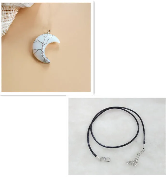 Moon natural stone Tree of Life pendant necklace with amethyst crystal on white K water wave chain