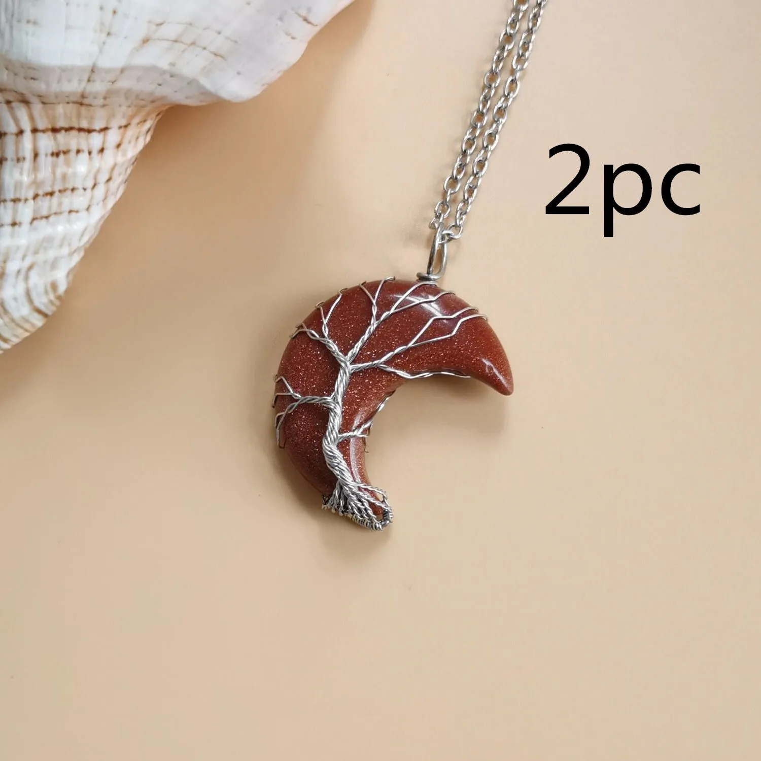 Moon natural stone Tree of Life pendant necklace with amethyst crystal on white K water wave chain