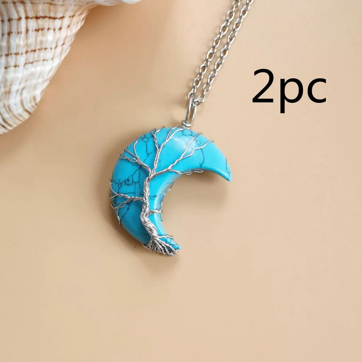 Moon natural stone Tree of Life pendant necklace with amethyst crystal on white K water wave chain