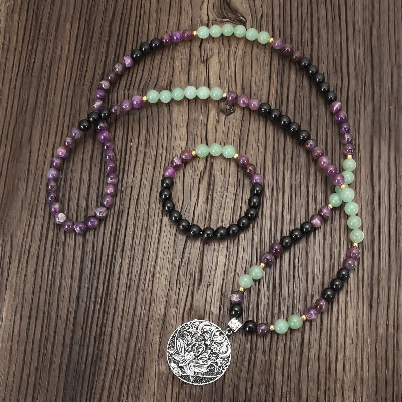 Dongling long yoga lotus pendant necklace and bracelet set with stone beads
