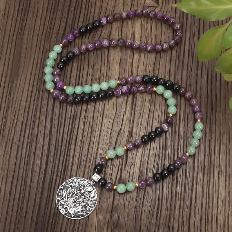 Dongling long yoga lotus pendant necklace and bracelet set with stone beads