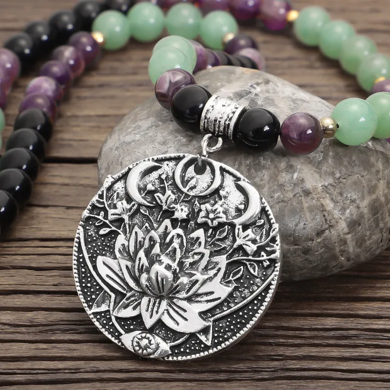 Dongling long yoga lotus pendant necklace and bracelet set with stone beads