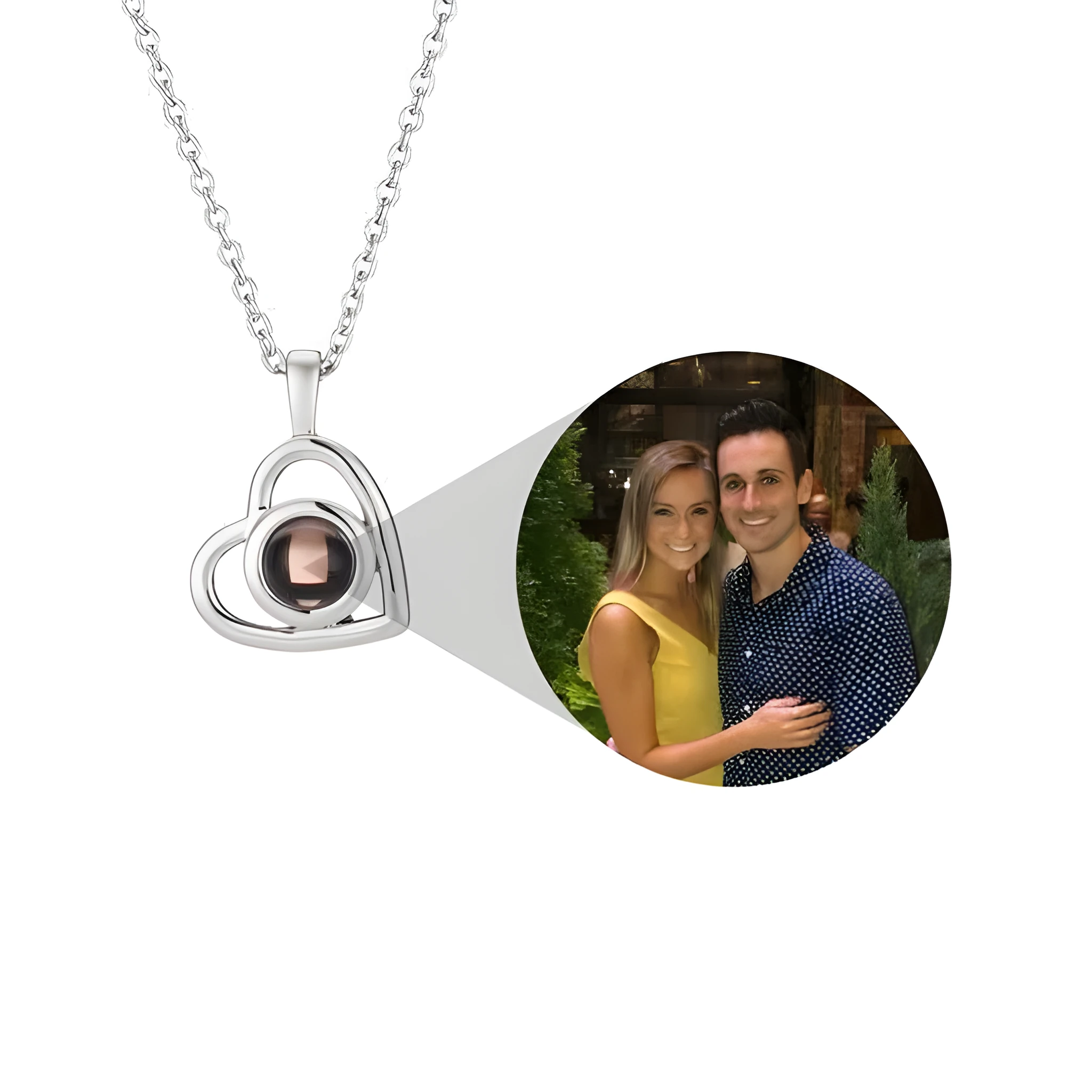 925 silver heart shaped pendant with custom photo projection feature on white background
