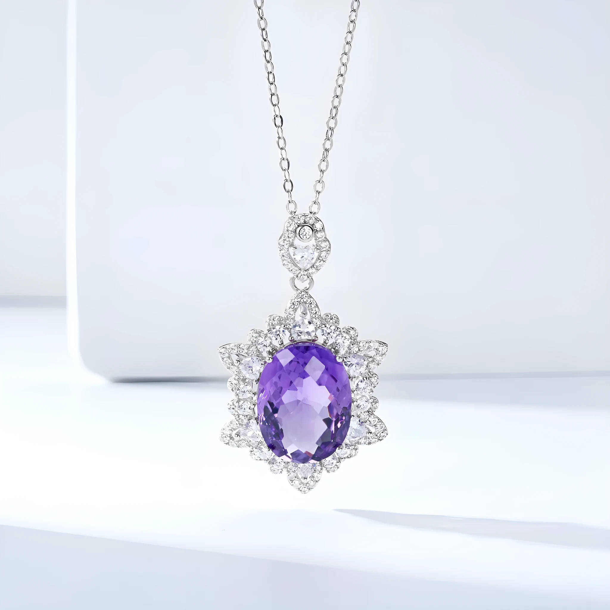Natural amethyst pendant necklace in 925 silver, geometric design, white gold colour