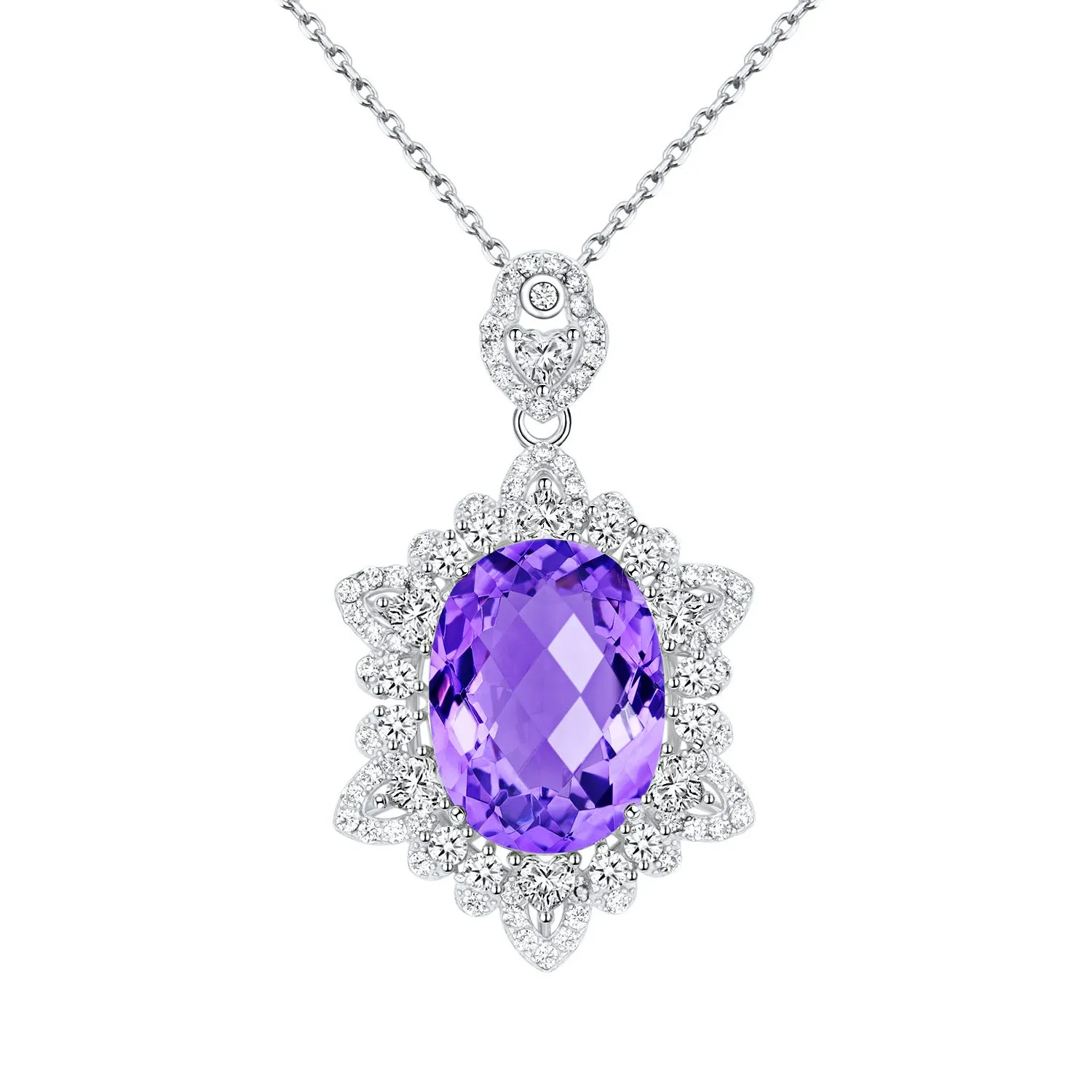 Natural amethyst pendant necklace in 925 silver, geometric design, white gold colour