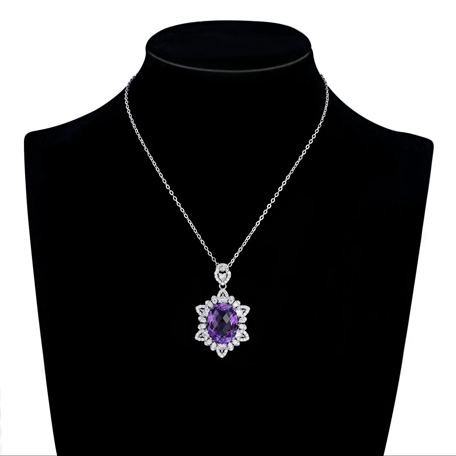 Natural amethyst pendant necklace in 925 silver, geometric design, white gold colour