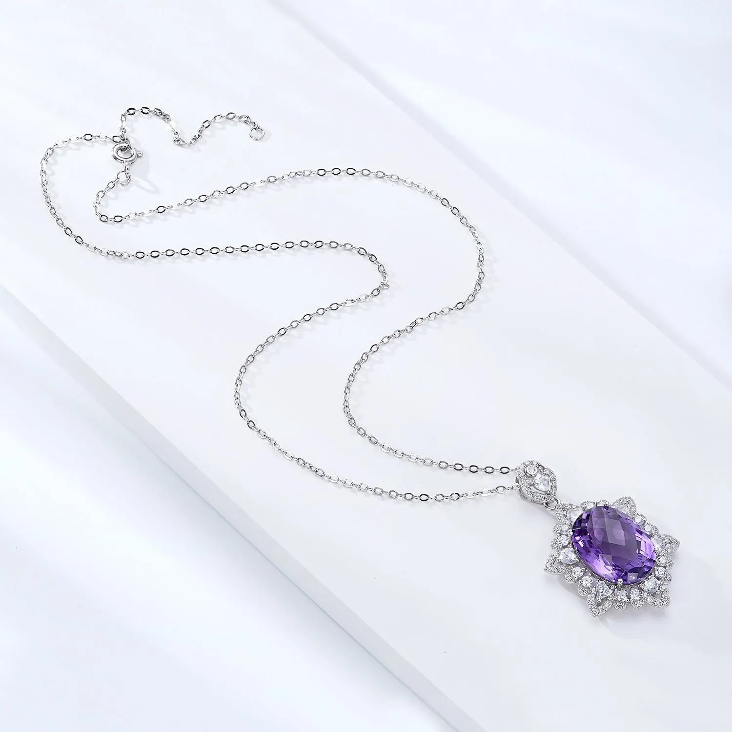 Natural amethyst pendant necklace in 925 silver, geometric design, white gold colour