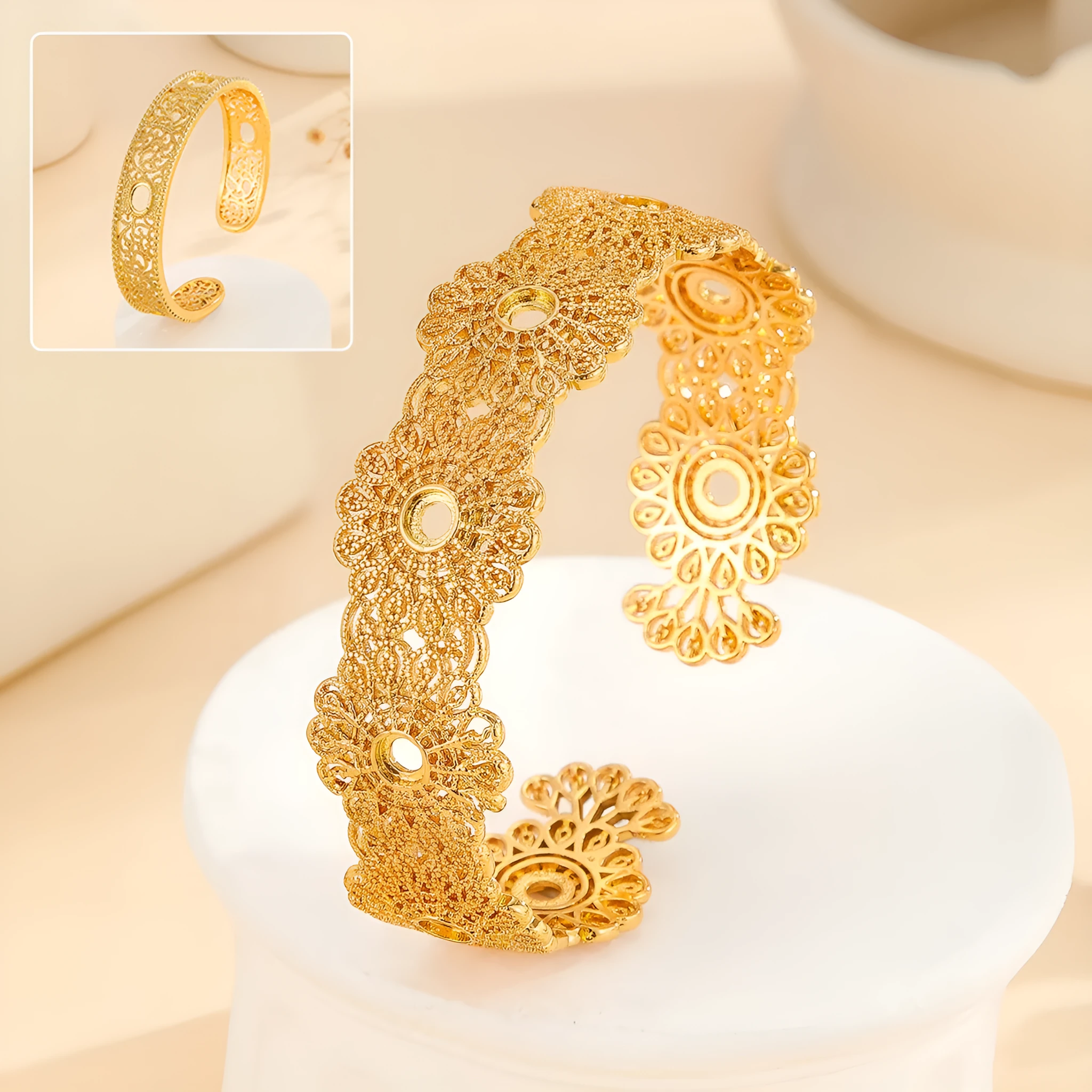 Gold bracelet with hollowed out lace flower design, gold finish, gold plated copper