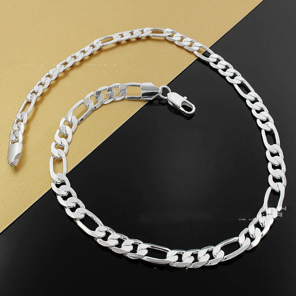 Silver-plated men's blade chain necklace with 8M three-room design, 20 inch length on display