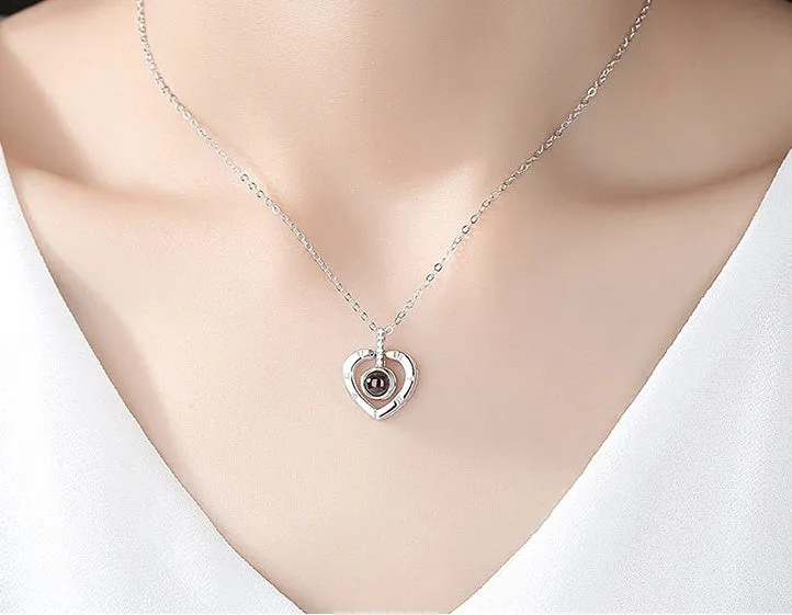 Subloom 925 sterling silver polished heart shape pendant necklace with one hundred language inscription