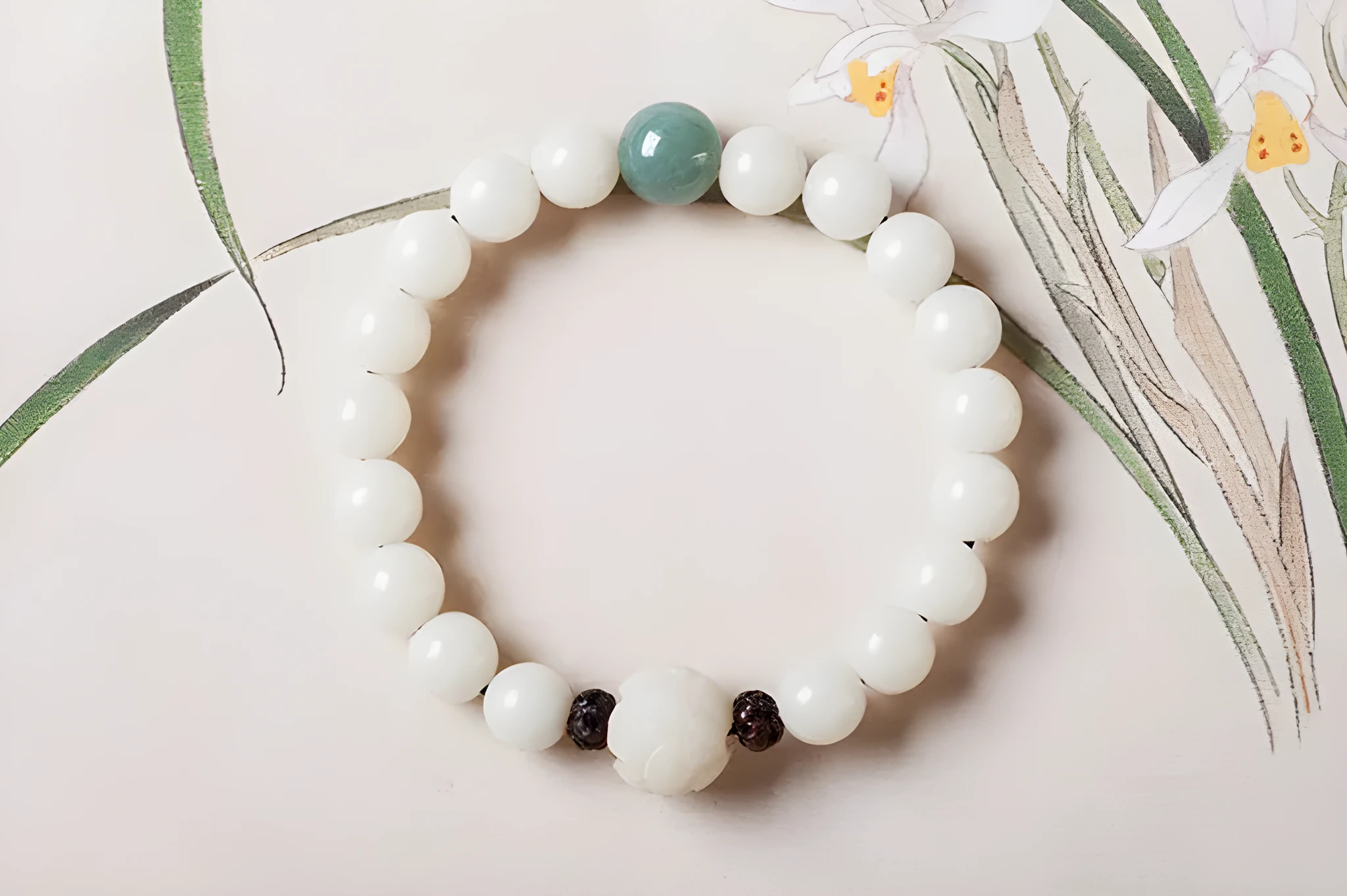Natural white jade Bodhi bracelet with round beads and transfer bead on white background