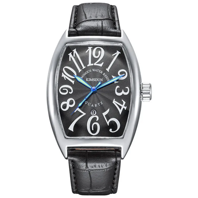 Jinshidun men's retro quartz watch with luminous dial, silver case, white face, black markings, and black leather strap