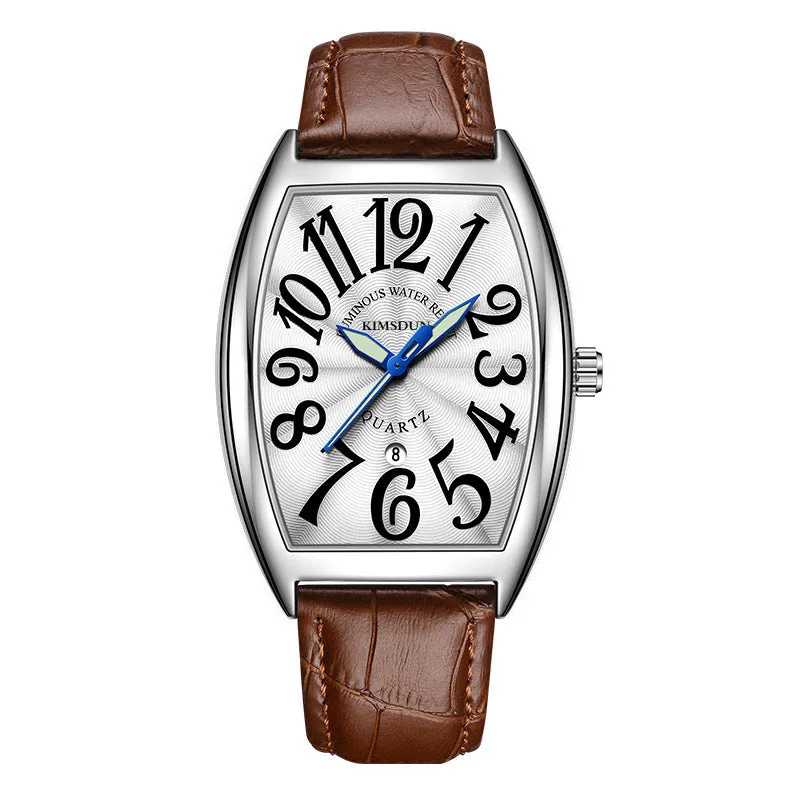 Jinshidun men's retro quartz watch with luminous dial, silver case, white face, black markings, and black leather strap