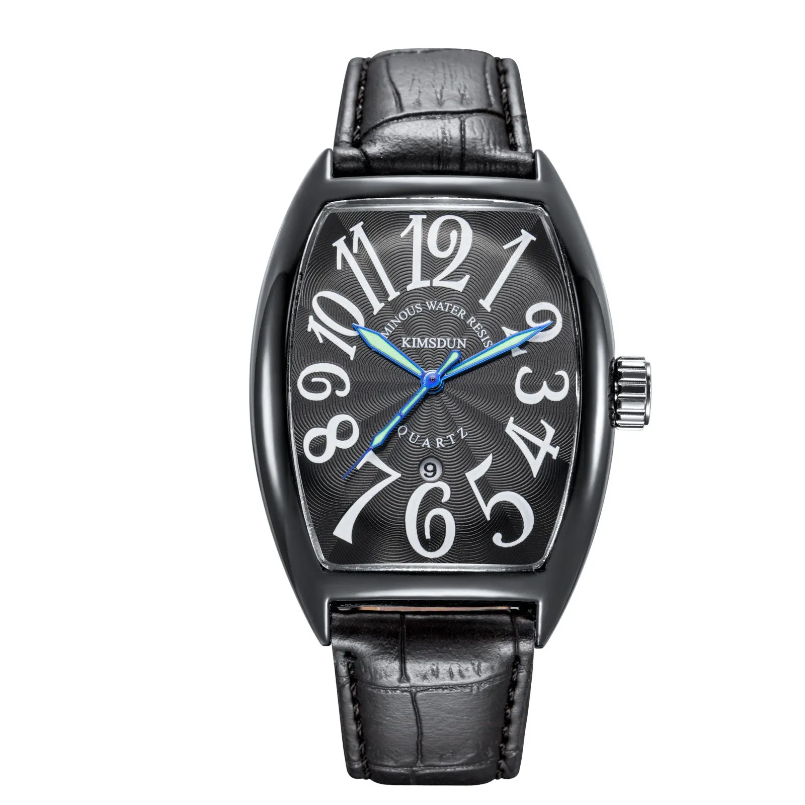 Jinshidun men's retro quartz watch with luminous dial, silver case, white face, black markings, and black leather strap