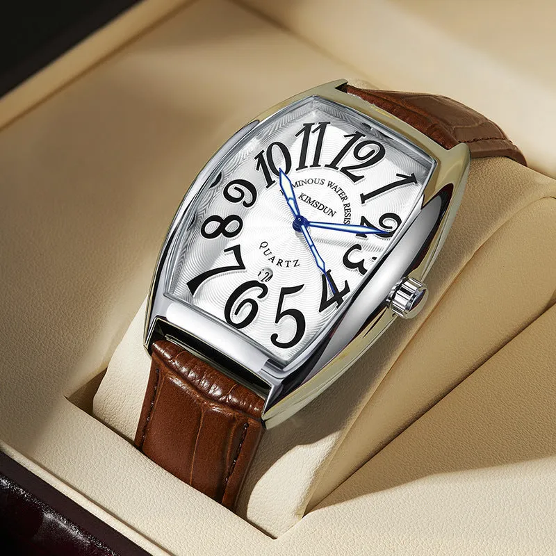 Jinshidun men's retro quartz watch with luminous dial, silver case, white face, black markings, and black leather strap