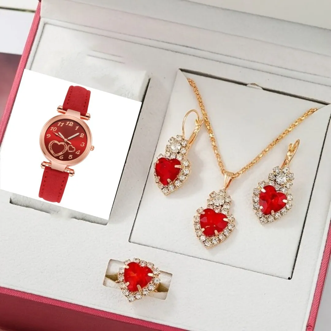 Women's retro love quartz watch and jewellery set with 40mm dial, mineral glass, and PU strap