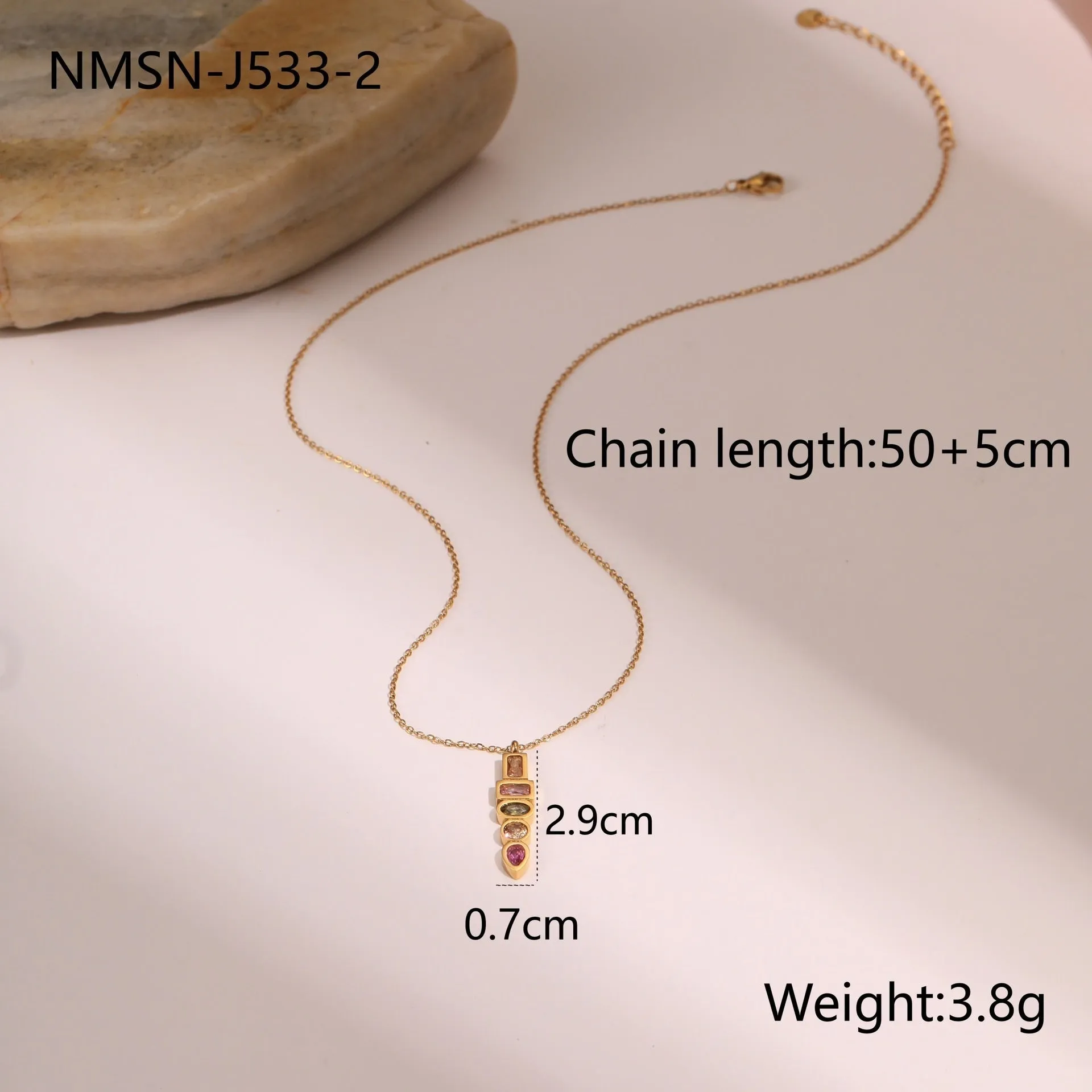 Gold geometric zircon jewellery set with necklace, ring, and earrings on 41-50cm adjustable chain