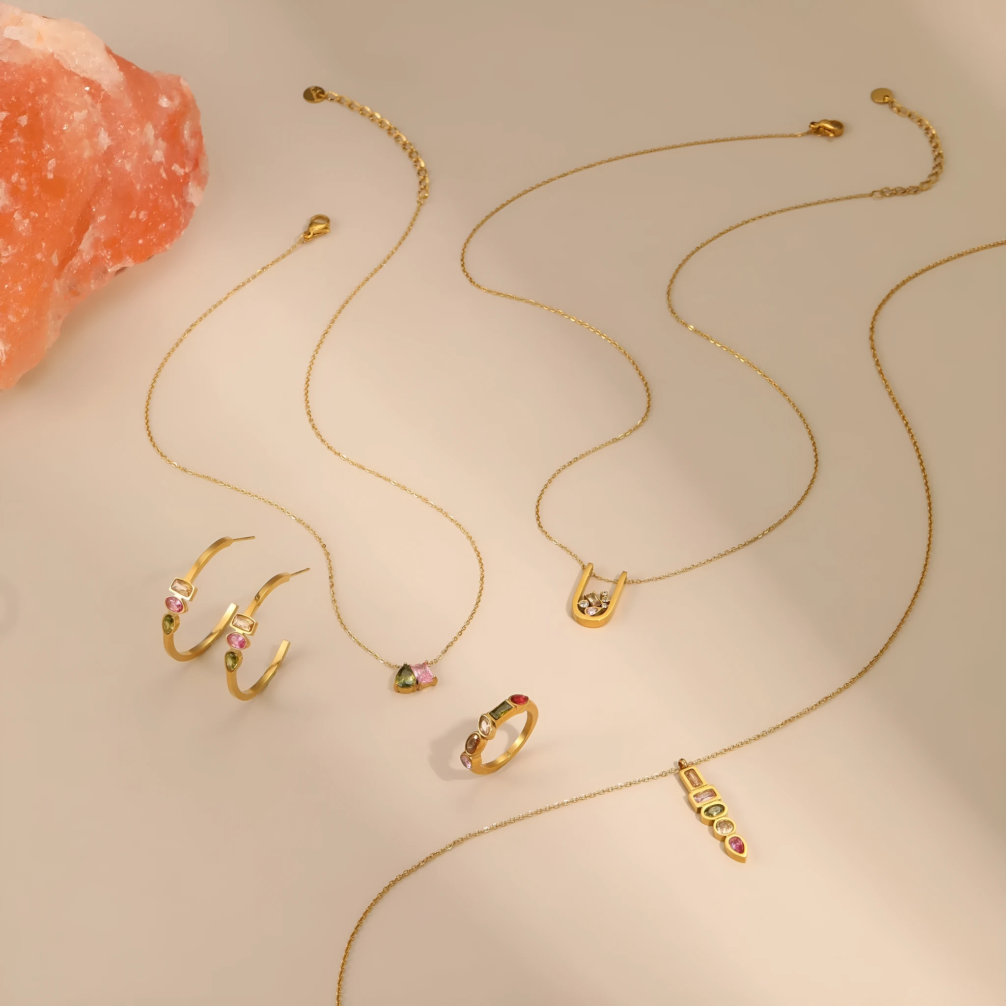 Gold geometric zircon jewellery set with necklace, ring, and earrings on 41-50cm adjustable chain