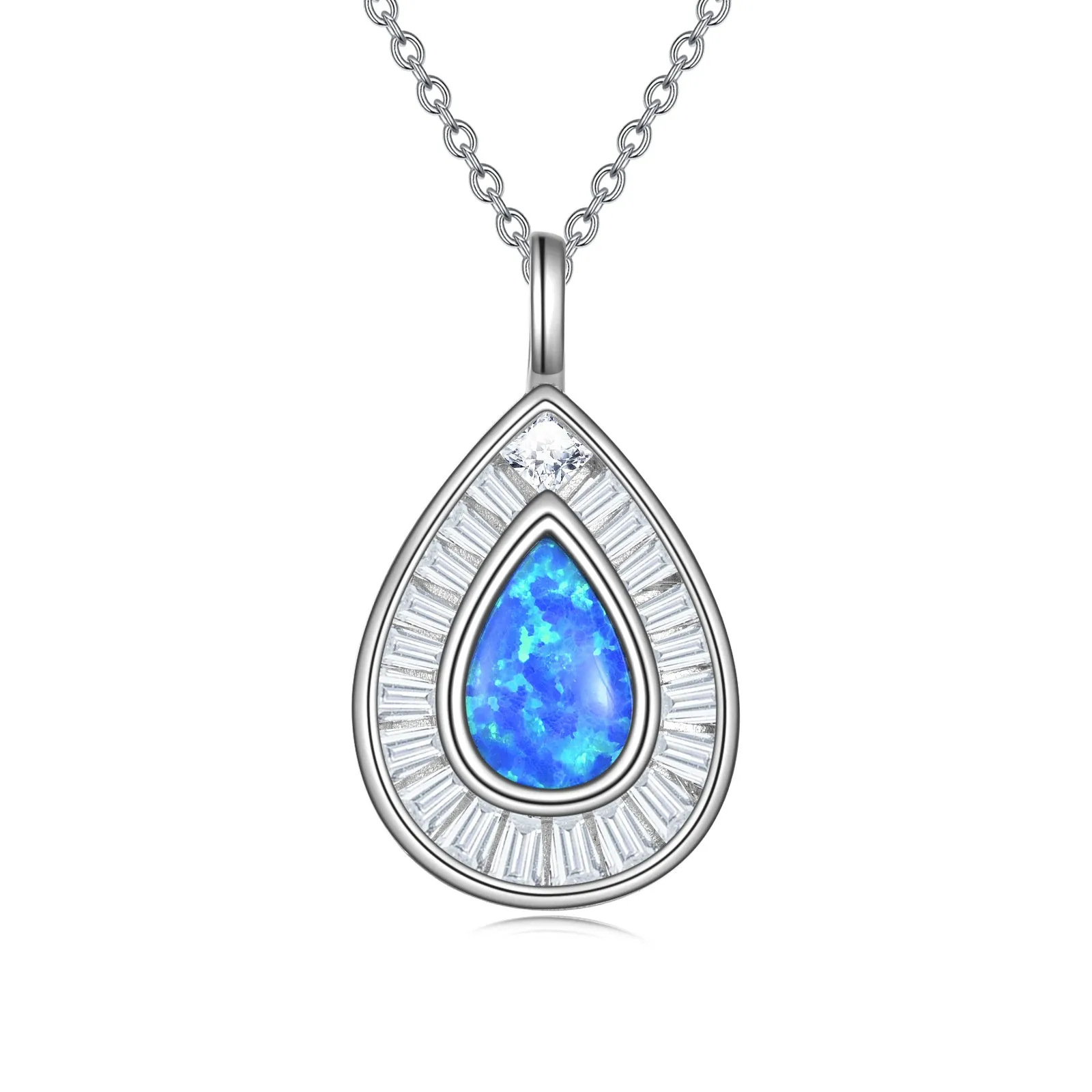 Sterling silver blue opal teardrop necklace with Austrian crystal on white gold plated chain
