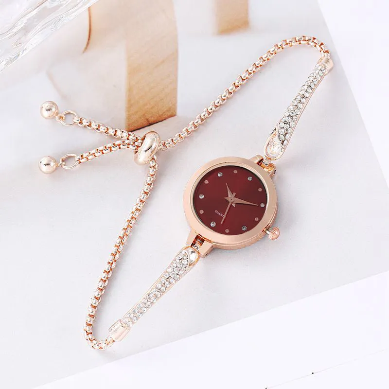 Women's casual bracelet watch with diamond inlay, 8mm thin quartz movement, available in multiple colours