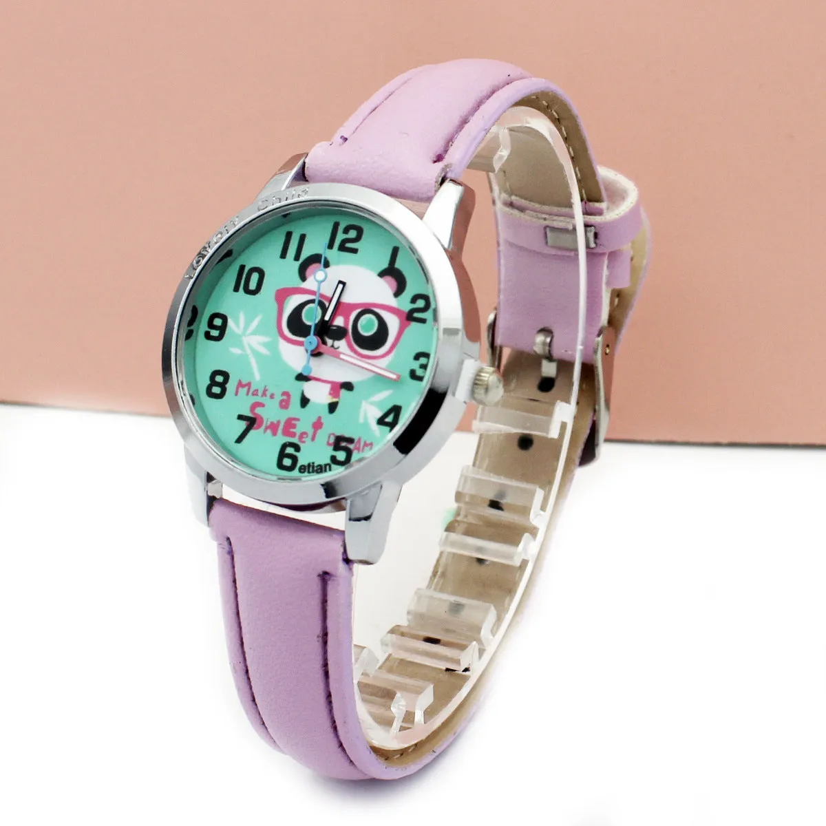 Children's cartoon quartz wrist watch with slim 10mm case and colourful belt