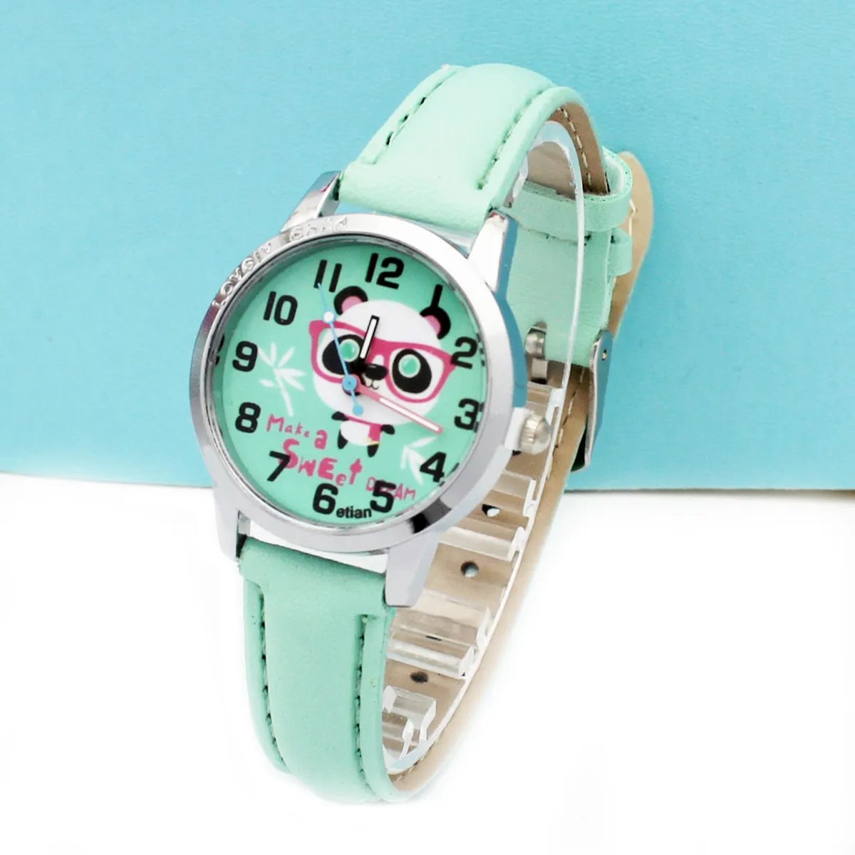 Children's cartoon quartz wrist watch with slim 10mm case and colourful belt
