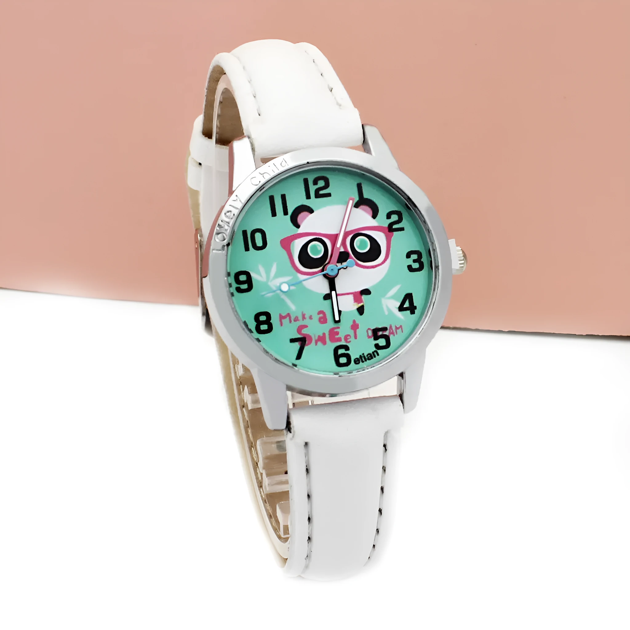Children's cartoon quartz wrist watch with slim 10mm case and colourful belt
