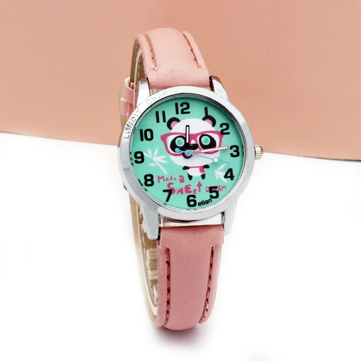 Children's cartoon quartz wrist watch with slim 10mm case and colourful belt