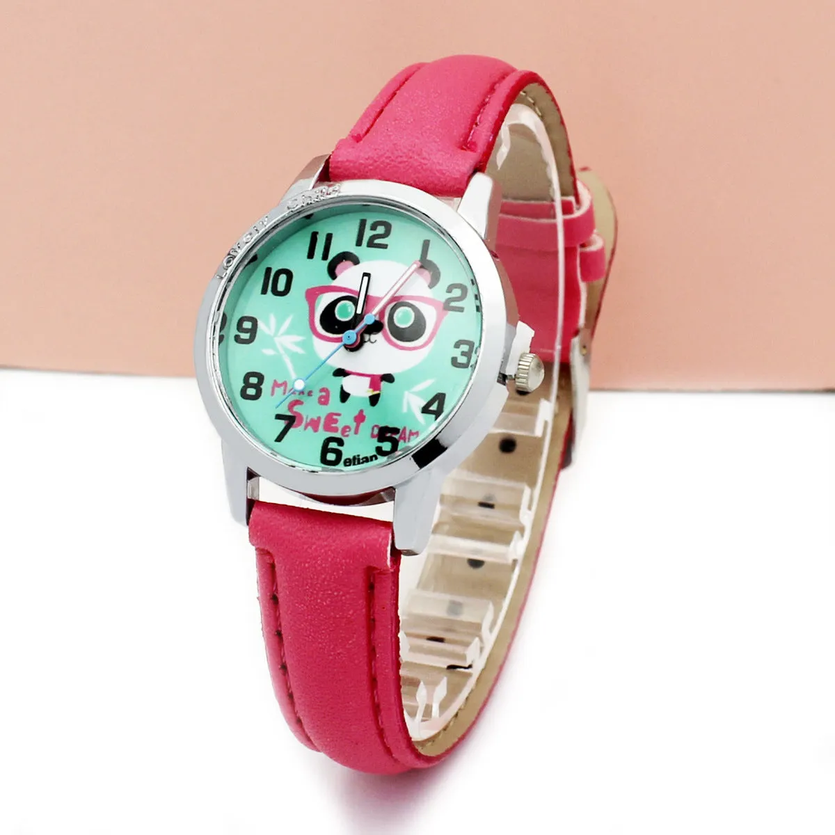 Children's cartoon quartz wrist watch with slim 10mm case and colourful belt