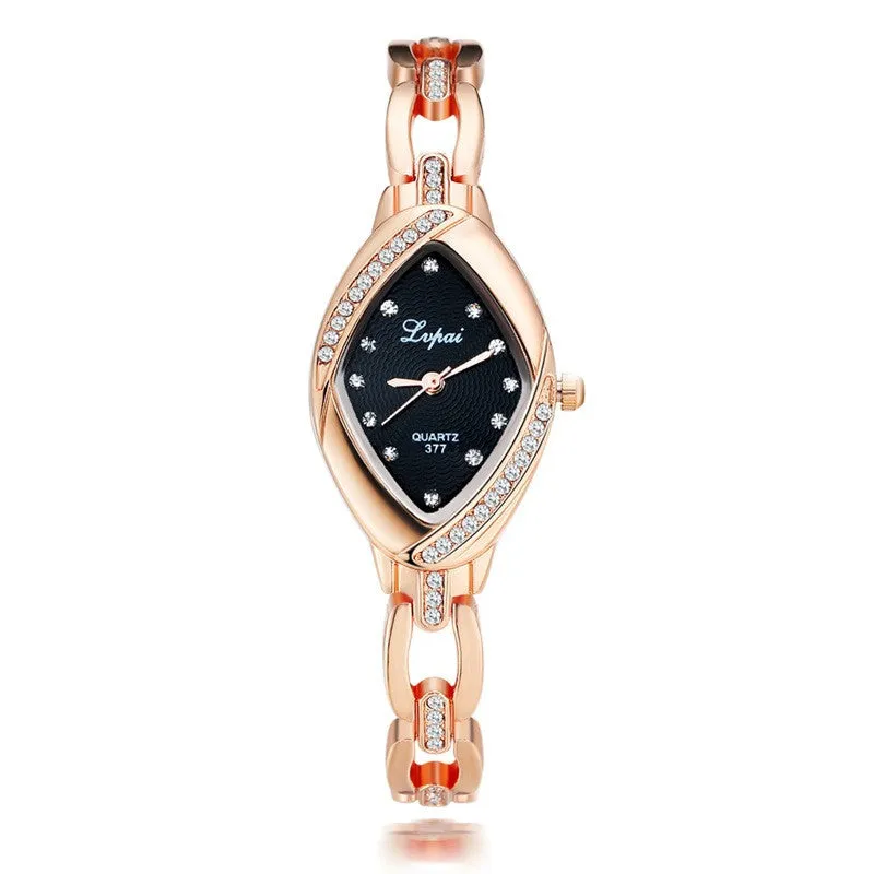 Women's diamond accent bracelet watch with quartz movement, alloy case, 2.2x3.5cm dial, gold black colour