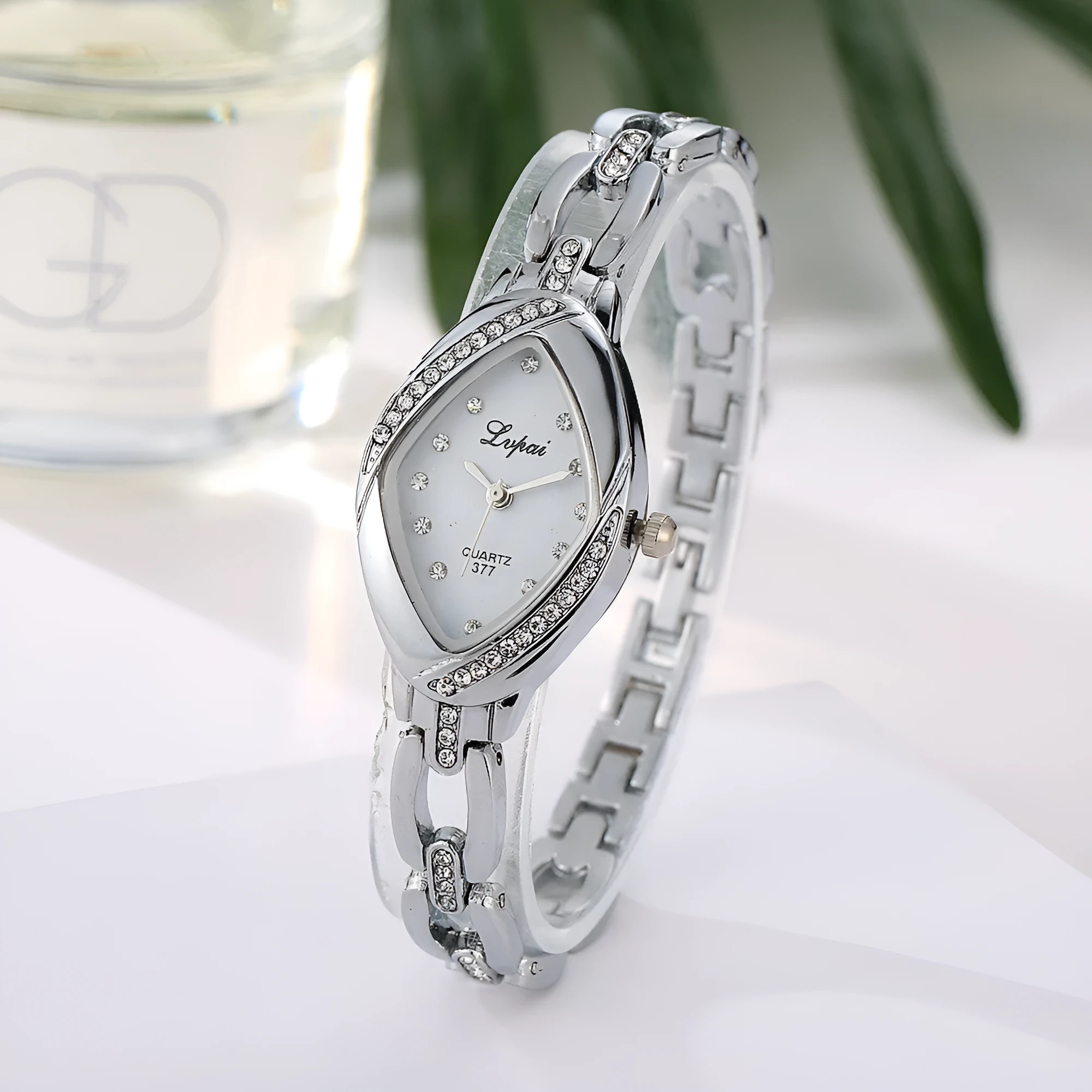 Women's diamond accent bracelet watch with quartz movement, alloy case, 2.2x3.5cm dial, gold black colour