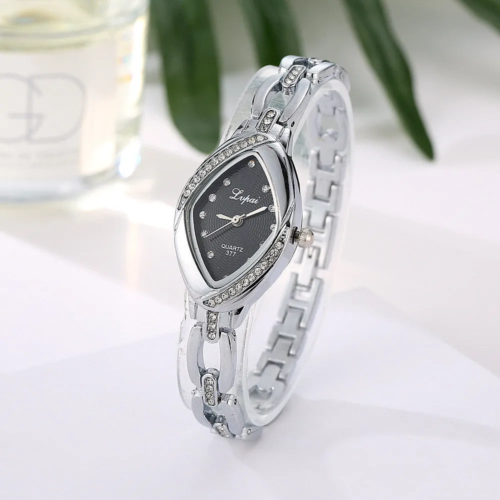 Women's diamond accent bracelet watch with quartz movement, alloy case, 2.2x3.5cm dial, gold black colour