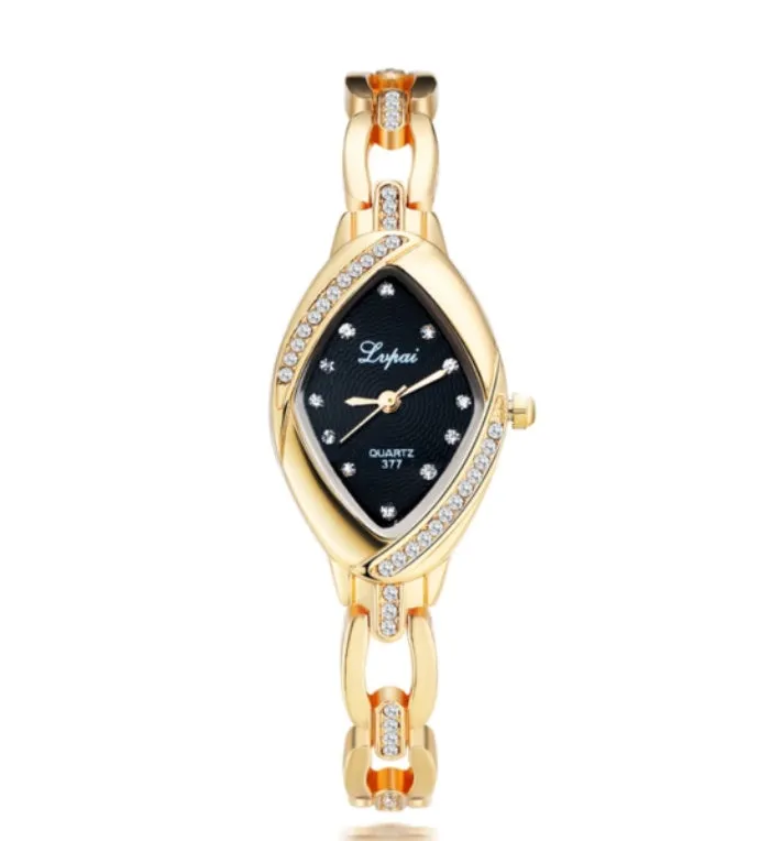 Women's diamond accent bracelet watch with quartz movement, alloy case, 2.2x3.5cm dial, gold black colour