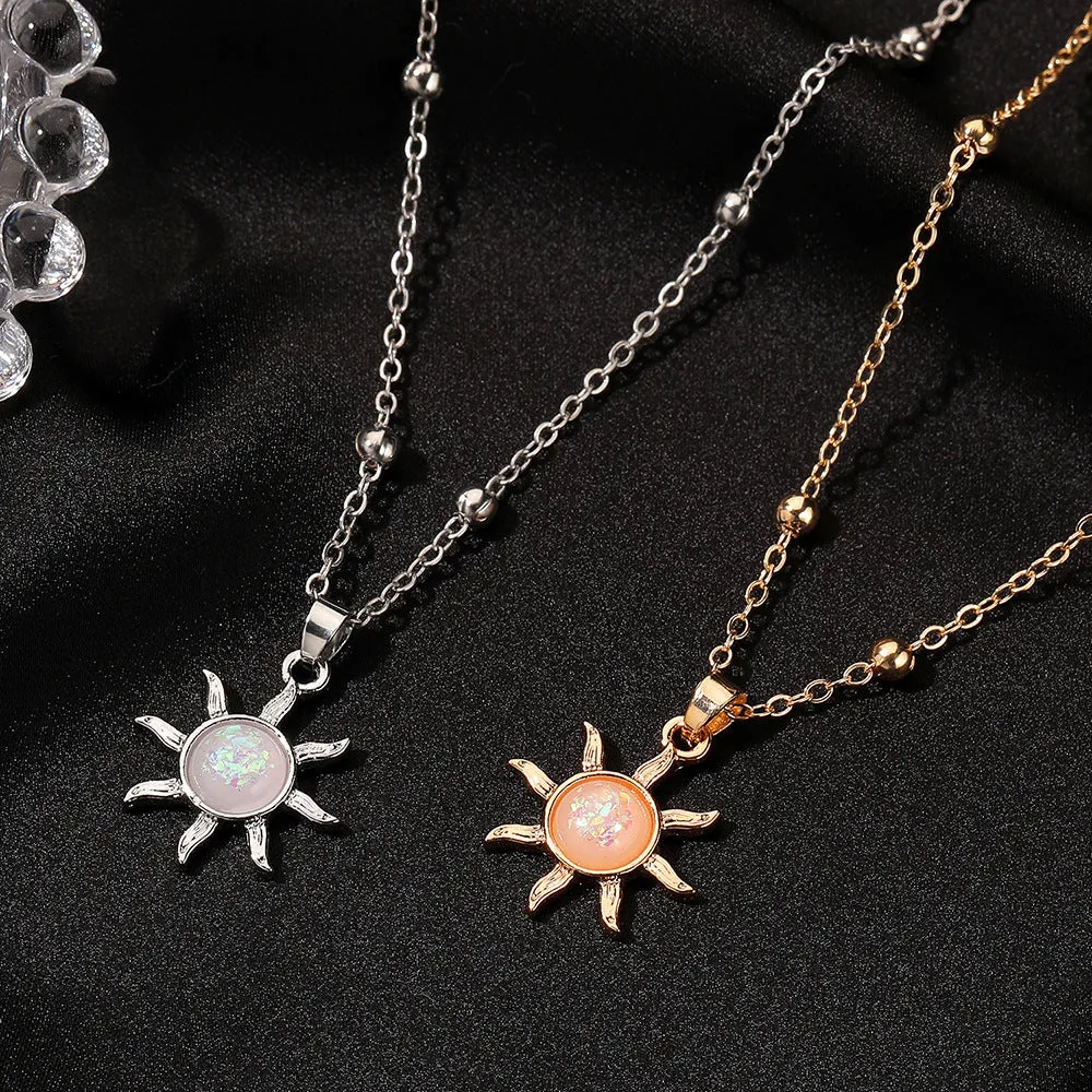 Alloy clavicle necklace with inlaid opal flower pendant on cross chain, gold or silver finish
